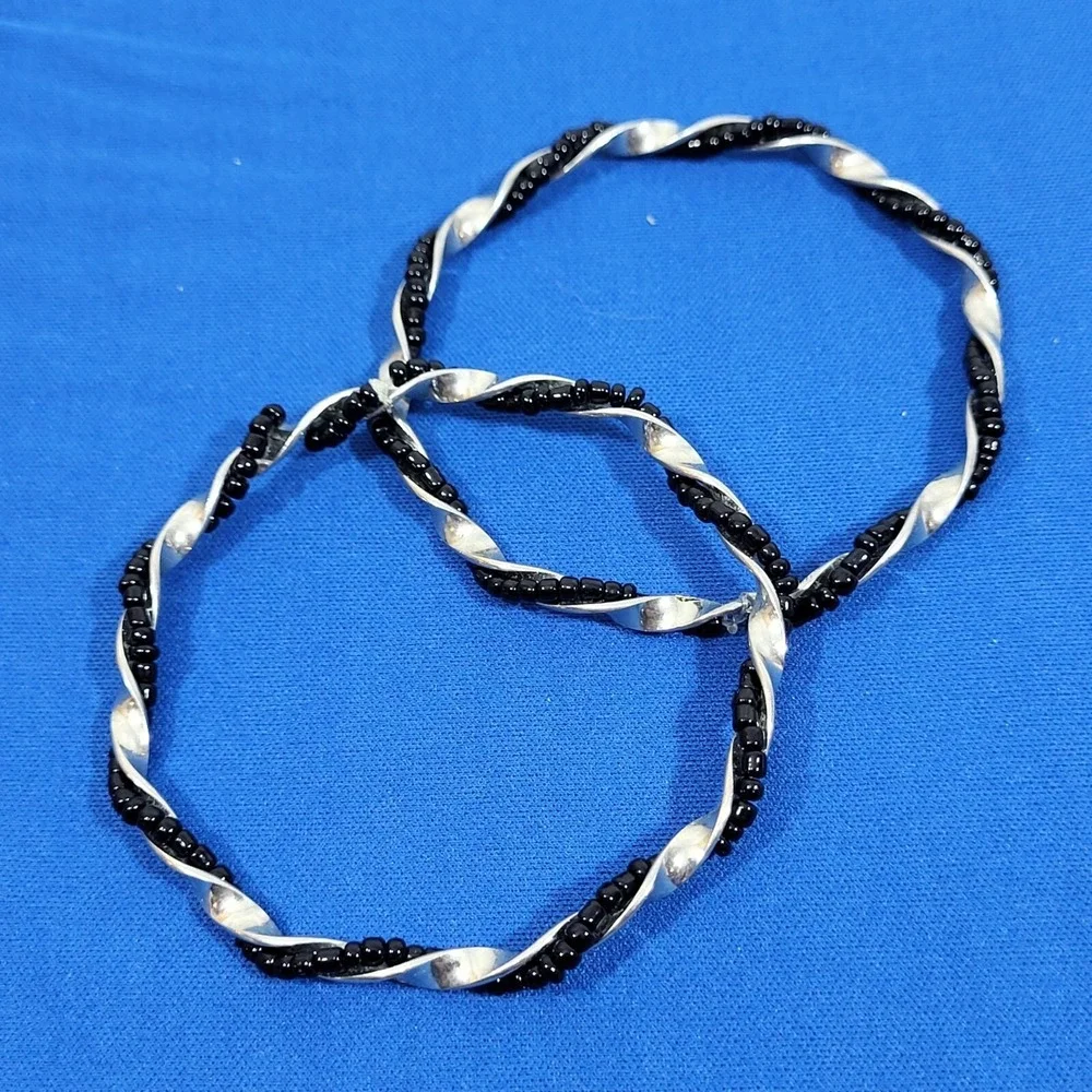 Twisted‎ Black & Silver Beaded Bracelets Bangles Set Of 2